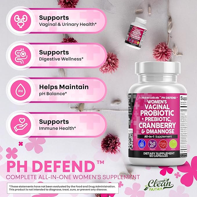 Clean Nutraceuticals Vaginal Probiotics for Women with Cranberry, D-Mannose, Prebiotics, pH Balance Support, Feminine Health, Urinary Tract Cleanse – Capsule Alternative to Gummies – 60 Count