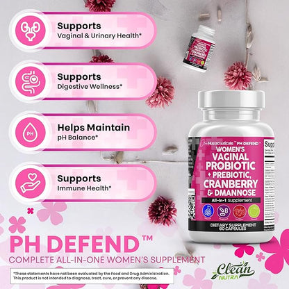 Clean Nutraceuticals Vaginal Probiotics for Women with Cranberry, D-Mannose, Prebiotics, pH Balance Support, Feminine Health, Urinary Tract Cleanse – Capsule Alternative to Gummies – 60 Count