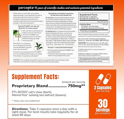 Percepta Plant-Based Memory Support - Natural Nootropic Brain Booster - Memory, Focus, Concentration - 30 Day Supply