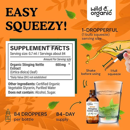 Wild & Organic Stinging Nettle Leaf Extract Drops - Urinary Tract Support - Liquid Stinging Nettle Supplement - Urtica Dioica Tincture - 2-Month Supply - Vegan, Sugar & Alcohol-Free - 2 fl oz