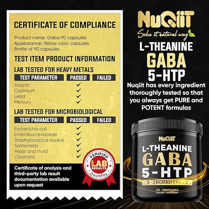 3in1 GABA Supplements 750mg L-Theanine 200mg & 5-HTP (5-hydroxytryptophan) - Equivalent to 1000mg - Support Brain Health, Concentration, Comfortable Mood - 90 Capsules
