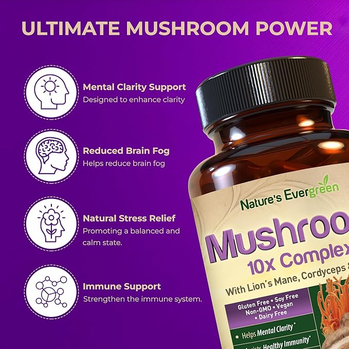 10-in-1 Mushroom 10x Complex Supplement | Lions Mane, Reishi and Cordyceps & More | Nootropic for Brain Health, Memory & Focus | Immunity & Energy - (120 Capsules - 60 Day Supply)