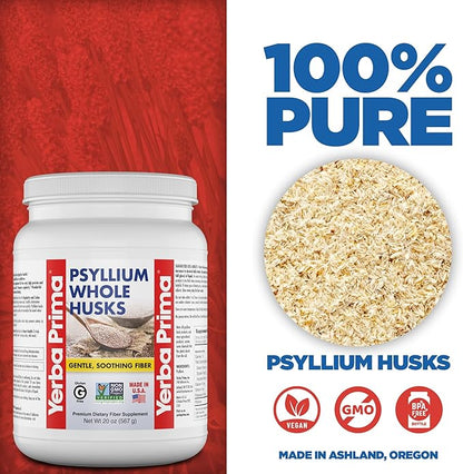 Yerba Prima Psyllium Whole Husks Fiber Supplement - Colon Cleanse - Gut Health - Vegan Non-GMO Gluten Free - 20oz