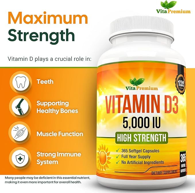 Vitamin D3 5000 IU, 365 Easy-Swallow Softgels, High Strength Vitamin D 5000 IU Supplement - Full Year Supply