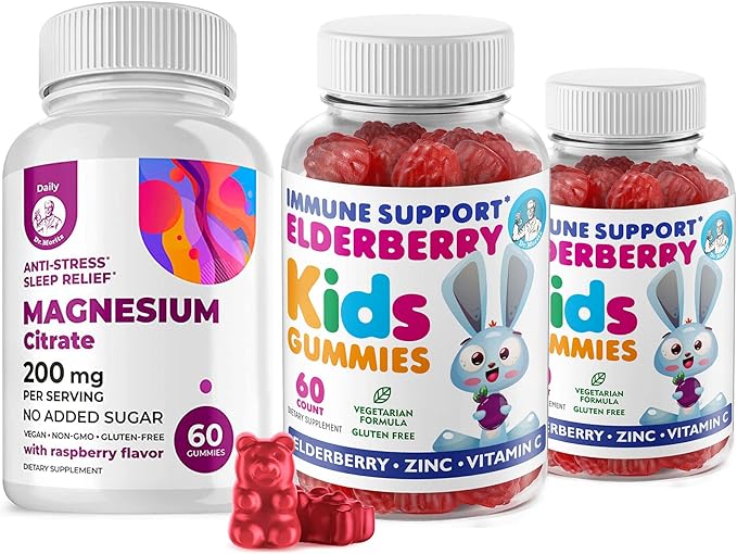 Elderberry Gummies for Kids and Magnesium 200 mg Gummies Sugar-Free - Healthy Immune System Booster and Health Support with Elderberries Extract with Magnesium Calm Chews for Kids & Adults Sugar-Free
