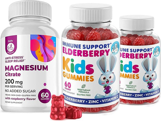 Elderberry Gummies for Kids and Magnesium 200 mg Gummies Sugar-Free - Healthy Immune System Booster and Health Support with Elderberries Extract with Magnesium Calm Chews for Kids & Adults Sugar-Free