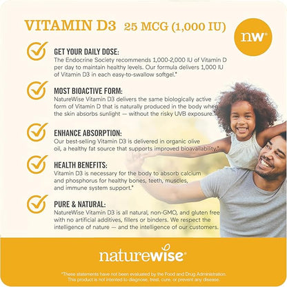 NatureWise Vitamin D3 1000iu (25 mcg) 30-Day Supply for Immune Support, Healthy Muscle Function, and Bone Health - Non-GMO, Gluten Free in Organic Extra Virgin Olive Oil, (Mini Softgel), 30 Count
