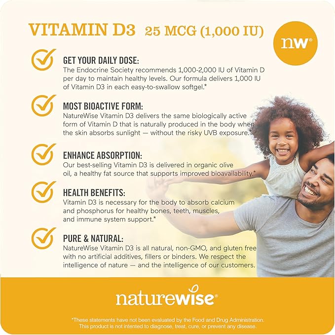 NatureWise Vitamin D3 1000iu (25 mcg) 1-Year Supply for Immune Support, Healthy Muscle Function, and Bone Health - Non-GMO, Gluten Free in Organic Extra Virgin Olive Oil, (Mini Softgel), 360 Count
