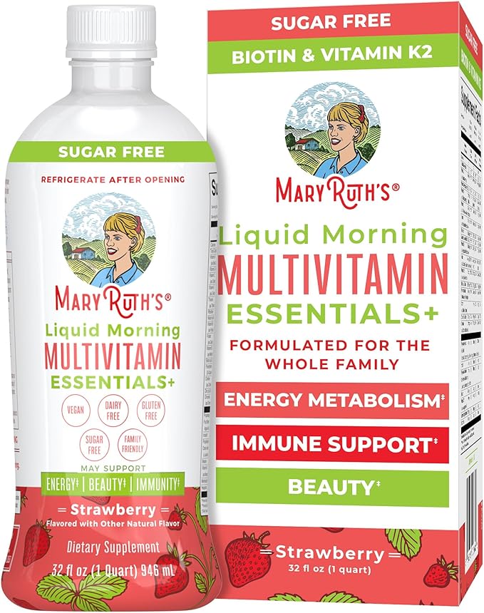 MaryRuth's Liquid Morning Multivitamin Essentials+ | Vitamin A C D E B6 B12 Biotin Zinc | Mens Womens Multivitamin | Immune Support | Beauty | Sugar Free | Vitamins for Ages 1+ | Vegan | 32 Fl Oz