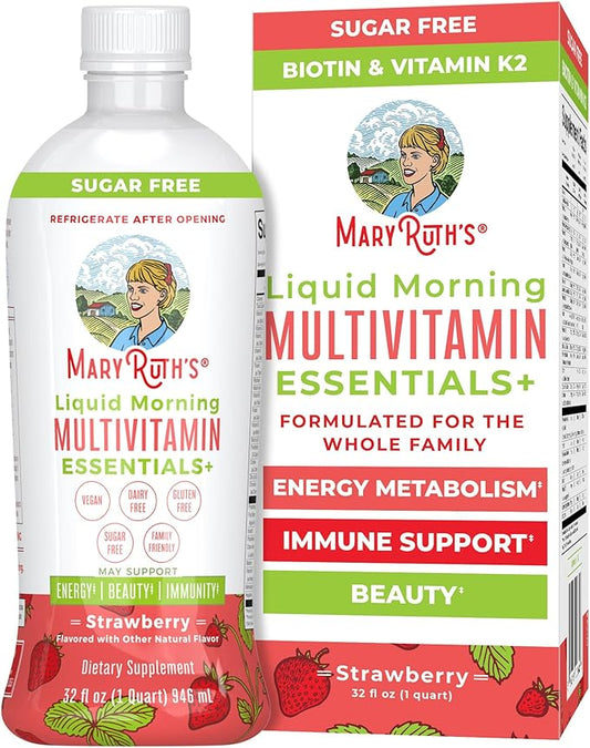 MaryRuth's Liquid Morning Multivitamin Essentials+ | Vitamin A C D E B6 B12 Biotin Zinc | Mens Womens Multivitamin | Immune Support | Beauty | Sugar Free | Vitamins for Ages 1+ | Vegan | 32 Fl Oz
