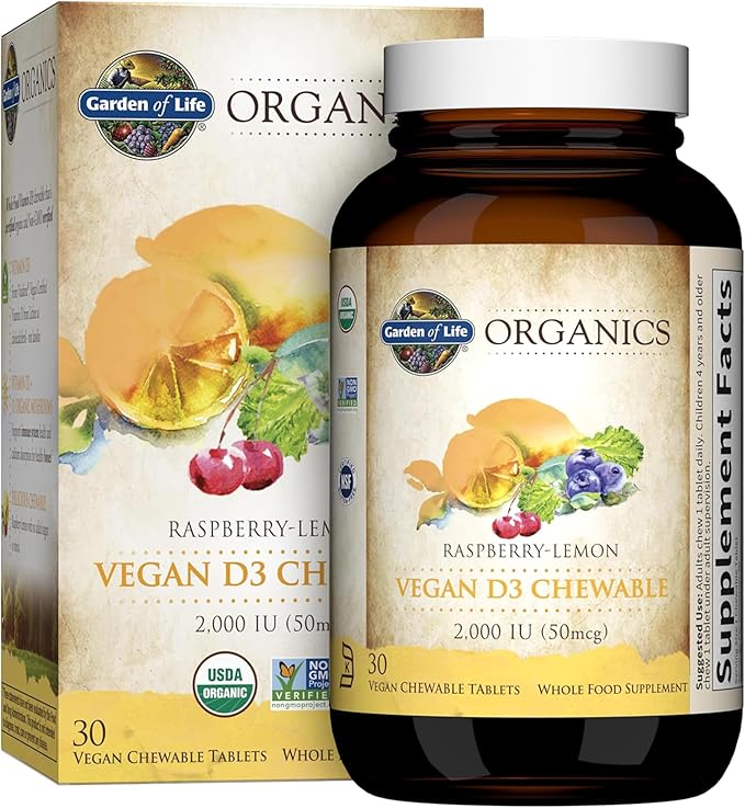Garden of Life Organics Vegan Vitamin D3 Chewable - Raspberry Lemon, 2,000 IU (50mcg) Whole Food Vitamin D3 from Lichen Plus Food & Mushroom Blend, Gluten Free, 30 Chewable Tablets