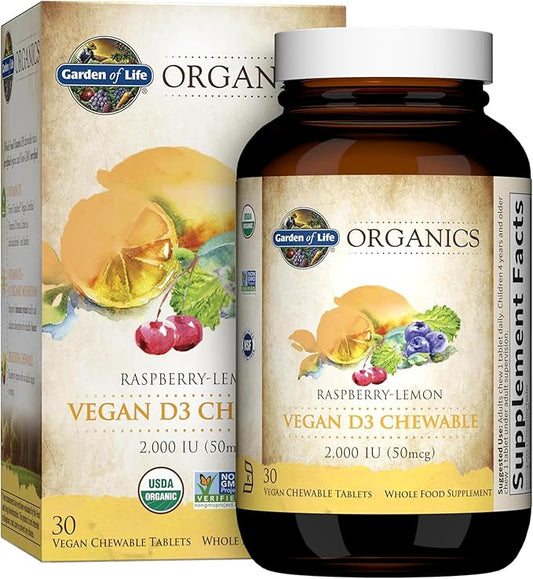 Garden of Life Organics Vegan Vitamin D3 Chewable - Raspberry Lemon, 2,000 IU (50mcg) Whole Food Vitamin D3 from Lichen Plus Food & Mushroom Blend, Gluten Free, 30 Chewable Tablets