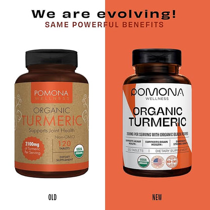 Pomona Wellness Organic Turmeric Supplement 2100 mg, USDA Organic, Non-GMO, Vegan, Turmeric Curcumin with Black Pepper for Absorption, for Joint Support and Immunity, 120 Tablets