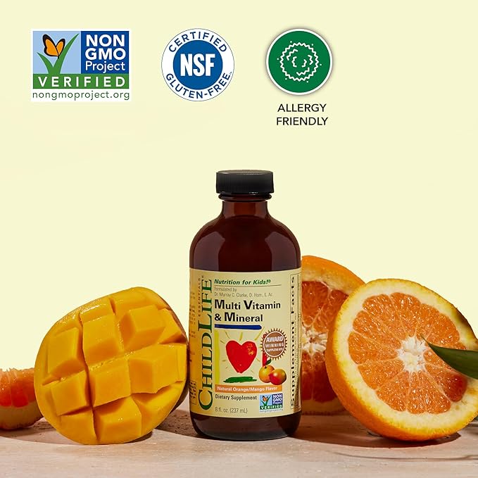 CHILDLIFE ESSENTIALS Kids Multivitamin & Mineral - Kids Vitamins, Liquid Multivitamin for Kids, Toddler Multivitamins, Liquid Vitamins, Baby Multivitamin - Natural Orange & Mango, 8 Fl Oz (Pack of 3)