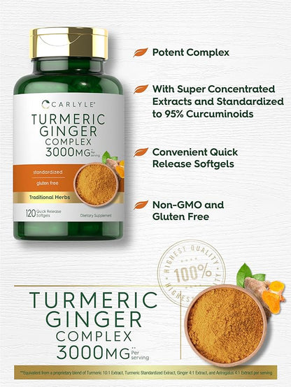 Carlyle Turmeric and Ginger Supplement 3000 mg | 120 Softgel Capsules | Turmeric Curcumin Complex | with Black Pepper Extract | Non-GMO, Gluten Free