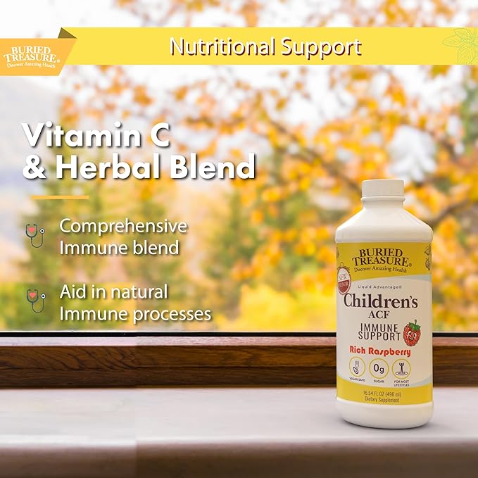 Buried Treasure Childrens ACF Advanced Immune Support, Cherry Flavor, 16oz w/Dose Cup, Immune Booster Supplement for Kids, Liquid Herbal Immunity Formula w/Vitamin C Elderberry Enchinacea Zinc