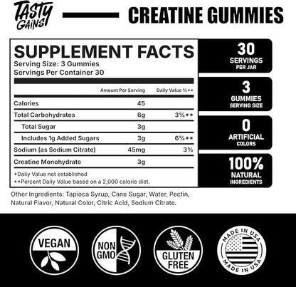 Creatine Infused Gummies, 90g of Creatine, Non-GMO, Vegan - Build Muscle & Boost Strength for Men & Women (1g Creatine Monohydrate Per Gummy) Made in USA