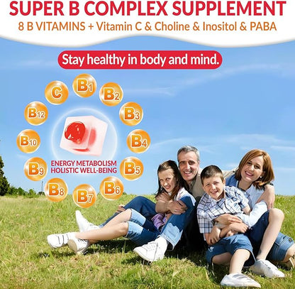 Super Vitamin B Complex Gummies - All B Vitamins Including Methyl B12, B1, B2, B3, B5, B6, Biotin, Methylfolate with Vitamin C, Choline, Inositol, PABA for Energy, Brain & Immune Support, Sugar Free