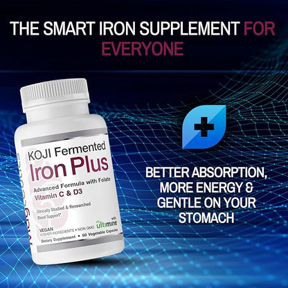 Koji Fermented Iron Plus - Iron Supplement with Vitamin C, Vitamin D3 and Folate for Blood Support, Easily Absorbed and Bioavailable, Stomach Friendly, Vegan, Non-GMO - 60 Capsules