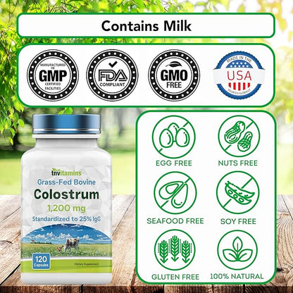 Colostrum Supplement 1,200 mg Per Serving, 120 Capsules | Standardized to 25% IgG (Immunoglobulin G) | Grass-Fed Bovine Colostrum Powder Caps | Immune Support Supplement | Non-GMO, Made in the USA!