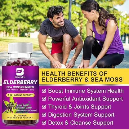 Elderberry Gummies & Irish Sea Moss, Organic Sambucus Elderberry Gummy with Seamoss, Zinc, Vitamin C, D3, Multivitamin Elderberry Vitamin & Energy Support Supplements - Sugar-Free