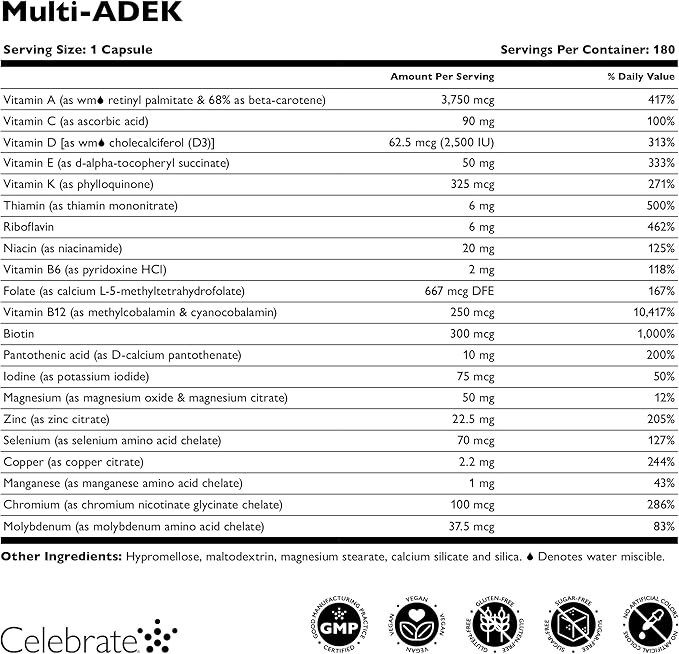 Celebrate Vitamins Multi ADEK, Iron Free – Daily Bariatric Multivitamin, High Level of Vitamins A, D, E, K & B12 for Duodenal Switch Surgery Patients (180 Capsules)