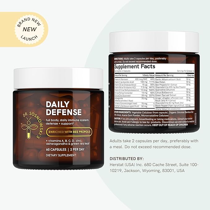 Dr Sosnowski's Daily Defence Immunity Supplements | Hive-led Multi-Vitamin with Bee Propolis, Pollen & Royal Jelly, Vegetable Capsules, 60ct