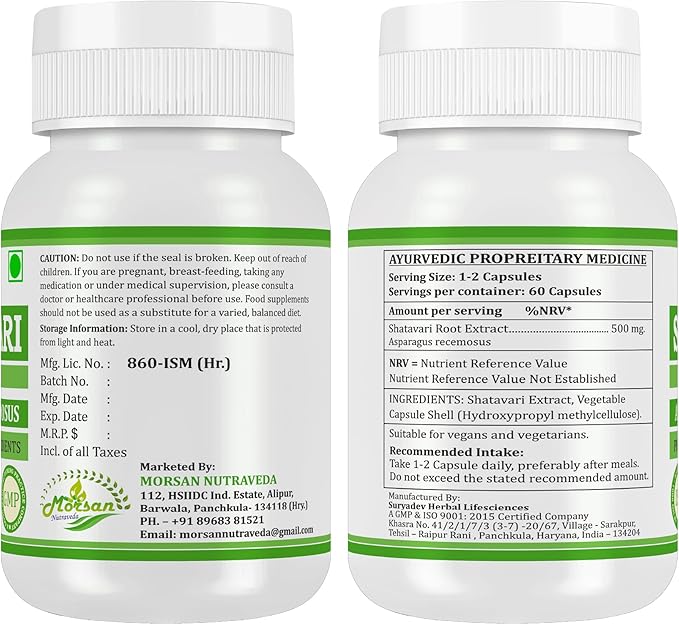 Morsan Shatavari (Asparagus Racemosus) Capsules | Combo Pack of 2 x 60 x 500 mg. Veg. Capsules (2)