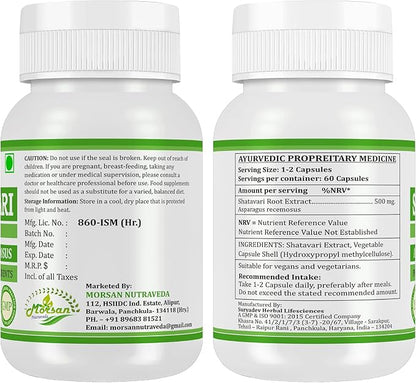 Morsan Shatavari (Asparagus Racemosus) Capsules | Combo Pack of 2 x 60 x 500 mg. Veg. Capsules (2)