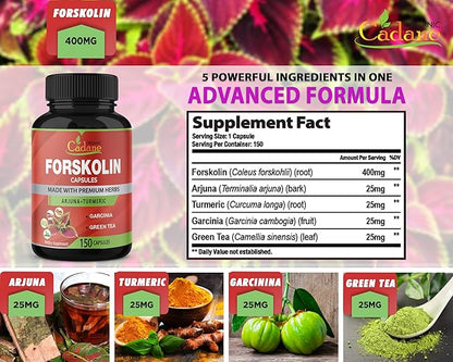 Organic Cadane Forskolin Supplements - 5in1 with Turmeric Curcumin, Arjuna, Garcinia Cambogia, and Green Tea - 5 Month Supply - 150 Capsules