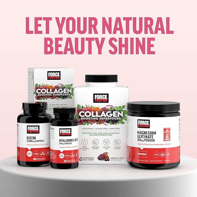 Force Factor Collagen Boosting Superfoods, Vegan Collagen Booster for Women, with Biotin, Hyaluronic Acid, and Vitamin C, for Hair, Skin, Nails, & Joint Support, Tropical Fruit, 60 Soft Chews