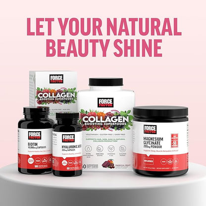 Force Factor Collagen Boosting Superfoods, Vegan Collagen Booster for Women, with Biotin, Hyaluronic Acid, and Vitamin C, for Hair, Skin, Nails, & Joint Support, Tropical Fruit, 60 Soft Chews