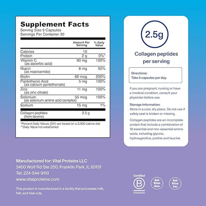 Vital Proteins Collagen Peptides Beauty Edition Capsules, 2.5g of Collagen Per Serving with Biotin and Vitamin C, 30 Servings