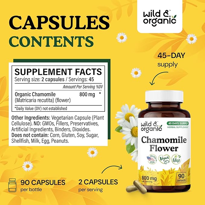 Wild & Organic Chamomile Capsules 800 mg - Relaxation & Digestive Support - Herb Chamomile Powder Supplement - Matricaria Recutita Flower - Vegan, No Fillers, Non-GMO - 90 Count