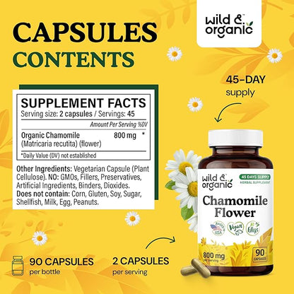 Wild & Organic Chamomile Capsules 800 mg - Relaxation & Digestive Support - Herb Chamomile Powder Supplement - Matricaria Recutita Flower - Vegan, No Fillers, Non-GMO - 90 Count