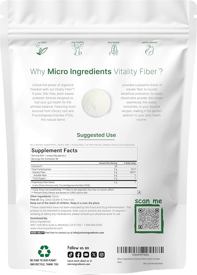 Vitality Fiber Supplement, 1lb Powder | Natural Prebiotic with Inulin & FOS | Daily Soluble Fiber for Digestive & Gut Health | Easy to Dissolve | Unflavored | Non-GMO, Gluten-Free, Vegan