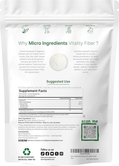 Vitality Fiber Supplement, 1lb Powder | Natural Prebiotic with Inulin & FOS | Daily Soluble Fiber for Digestive & Gut Health | Easy to Dissolve | Unflavored | Non-GMO, Gluten-Free, Vegan