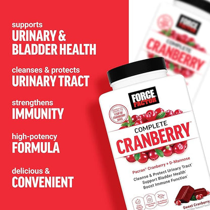 FORCE FACTOR Cranberry Soft Chews, Cranberry Supplement with D Mannose and Cranberry Extract to Support Bladder and Urinary Tract Health for Women, Vegan, Sweet Cranberry Flavor, 60 Soft Chews