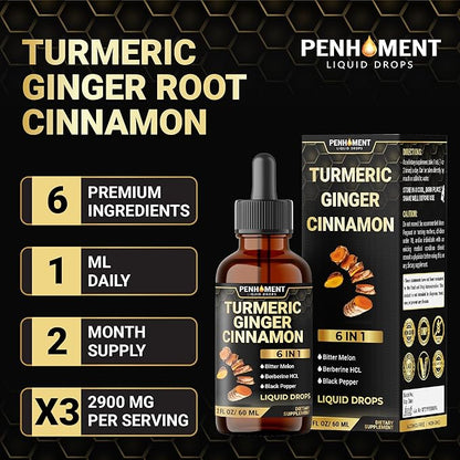 6in1 Liquid Turmeric Curcumin with Ginger, Berberine Extract, Ceylon Cinnamon, Bitter Melon, Black Pepper - Drops Extract - 2FL oz - 60 Servings