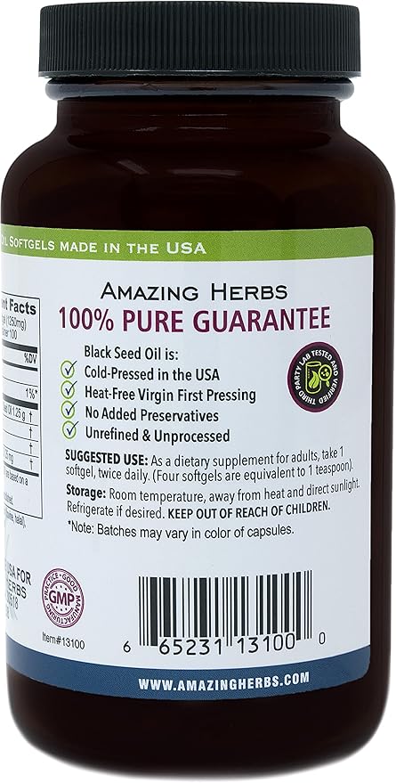 Amazing Herbs Black Seed Oil Pills 1250mg, 100 Softgel Capsules (Pack of 2)