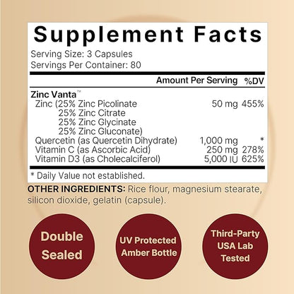 NatureBell 2 Pack Zinc Quercetin with Vitamin C & D3, 480 Capsules | Quercetin 1,000mg, 4 in 1 Zinc 50mg, Vitamin C 250mg, Vitamin D3 5,000 IU – ZincVanta Advanced Immune Defense & Lung Support