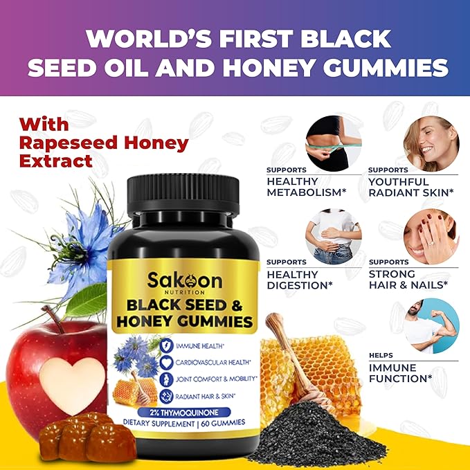 Sakoon nutrition Black Seed Oil Gummies with Honey and W/ 2%+ THYMOQUINONE - Nigella Sativa Seeds - Super antioxidant for Immune Support, Joints, Digestion, Hair & Skin - 60 Gummies