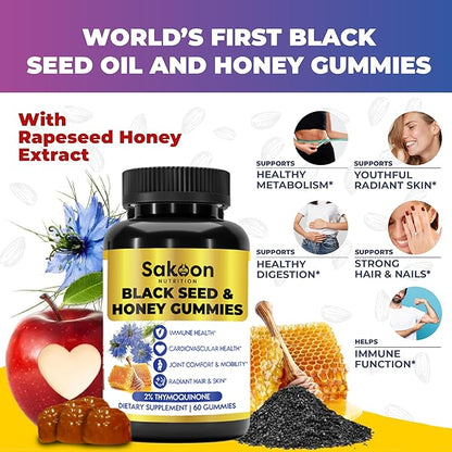 Sakoon nutrition Black Seed Oil Gummies with Honey and W/ 2%+ THYMOQUINONE - Nigella Sativa Seeds - Super antioxidant for Immune Support, Joints, Digestion, Hair & Skin - 60 Gummies
