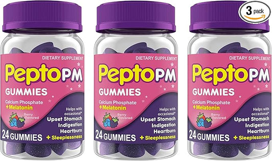 Pepto PM Gummies with Melatonin for Sleep Support, Fast and Effective Digestive Relief from Heartburn, Indigestion, Upset Stomach and Sleeplessness - Berry Flavor, 24 Ct (Pack of 3)