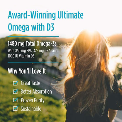 Nordic Naturals Ultimate Omega Xtra, Lemon Flavor - 60 Soft Gels - 1480 mg Omega-3 + 1000 IU Vitamin D3 - EPA & DHA - Brain, Heart, & Immune Health - 30 Servings