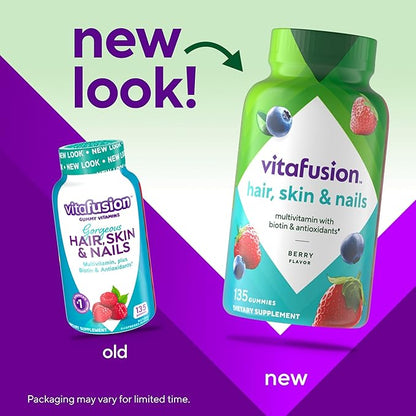 Vitafusion Gorgeous Hair, Skin & Nails Multivitamin Gummy Vitamins, plus Biotin and Antioxidant vitamins C&E, Raspberry Flavor, 135ct (45 day supply), from America’s Number One Gummy Vitamin Brand