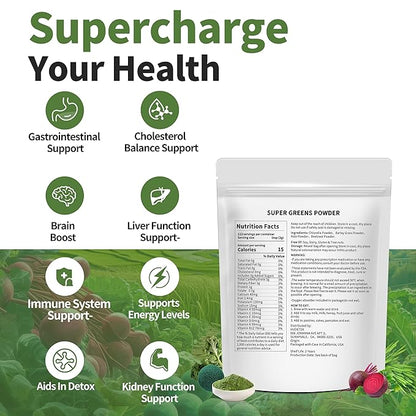 Hudetex Greens Powder Superfood for Immune Support with 12 oz，Greens Powder Smoothie Mix with Chlorella, Barley Grass, Kale & Beetroot Smoothie Booster, Chlorophyll Providing Greens.