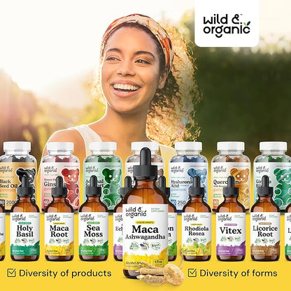 Wild & Organic Maca Root Ashwagandha Drops for Men and Women - Liquid Maca Ashwagandha Supplement for Overall Support - Peruvian Extract Tincture - Vegan, Sugar & Alcohol-Free - 4 fl oz