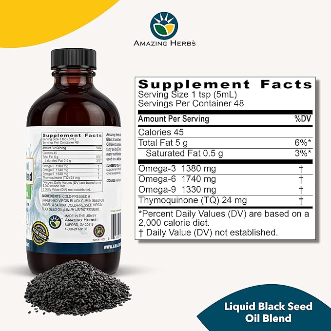 Amazing Herbs Cold-Pressed Black Seed and Flax Seed Oil Blend - Gluten-Free, Non-GMO, High in Omega 3, 6, & 9, Supports Joint, Brain, and Heart Function - 8 Fl Oz