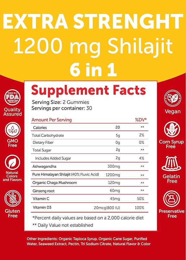 Lunakai USA Made Pure Shilajit Gummies 1200mg with Ashwagandha & Chaga - Himalayan Shilajit for Men & Women, Energy & Vitality Support, 60ct